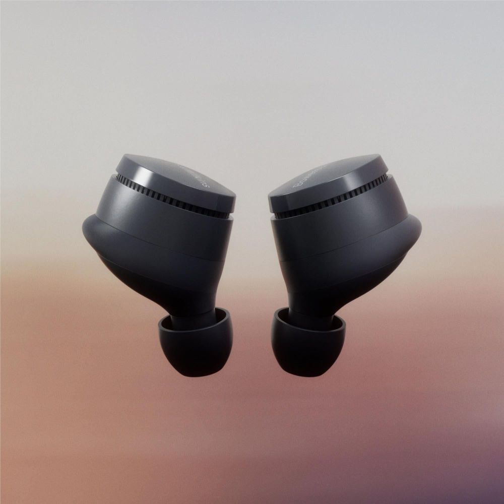Storm grey PI6 ANC TWS earbuds, front tips facing down in pair