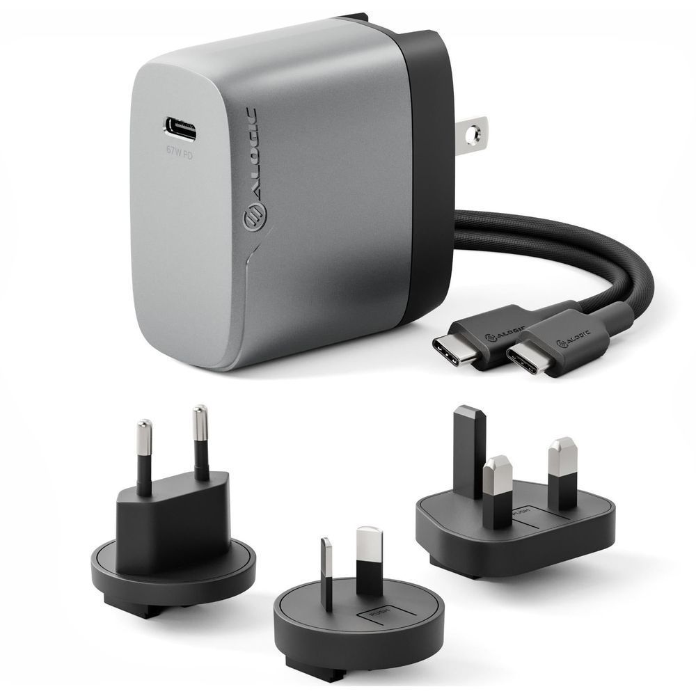 Space grey 67W PD GaN multi-country travel charger with USB-C cable and plugs