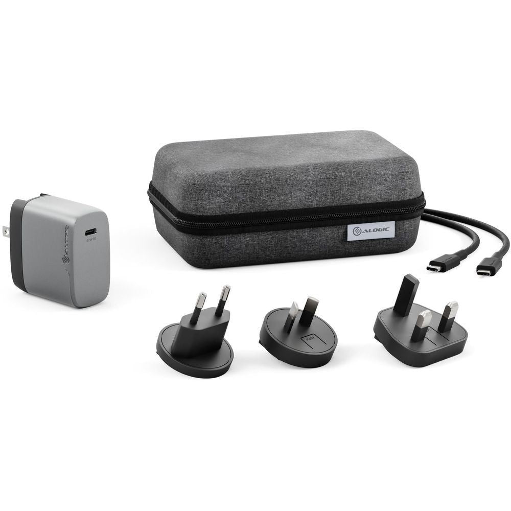 Space grey travel charger kit with power plug options and USB-C cable