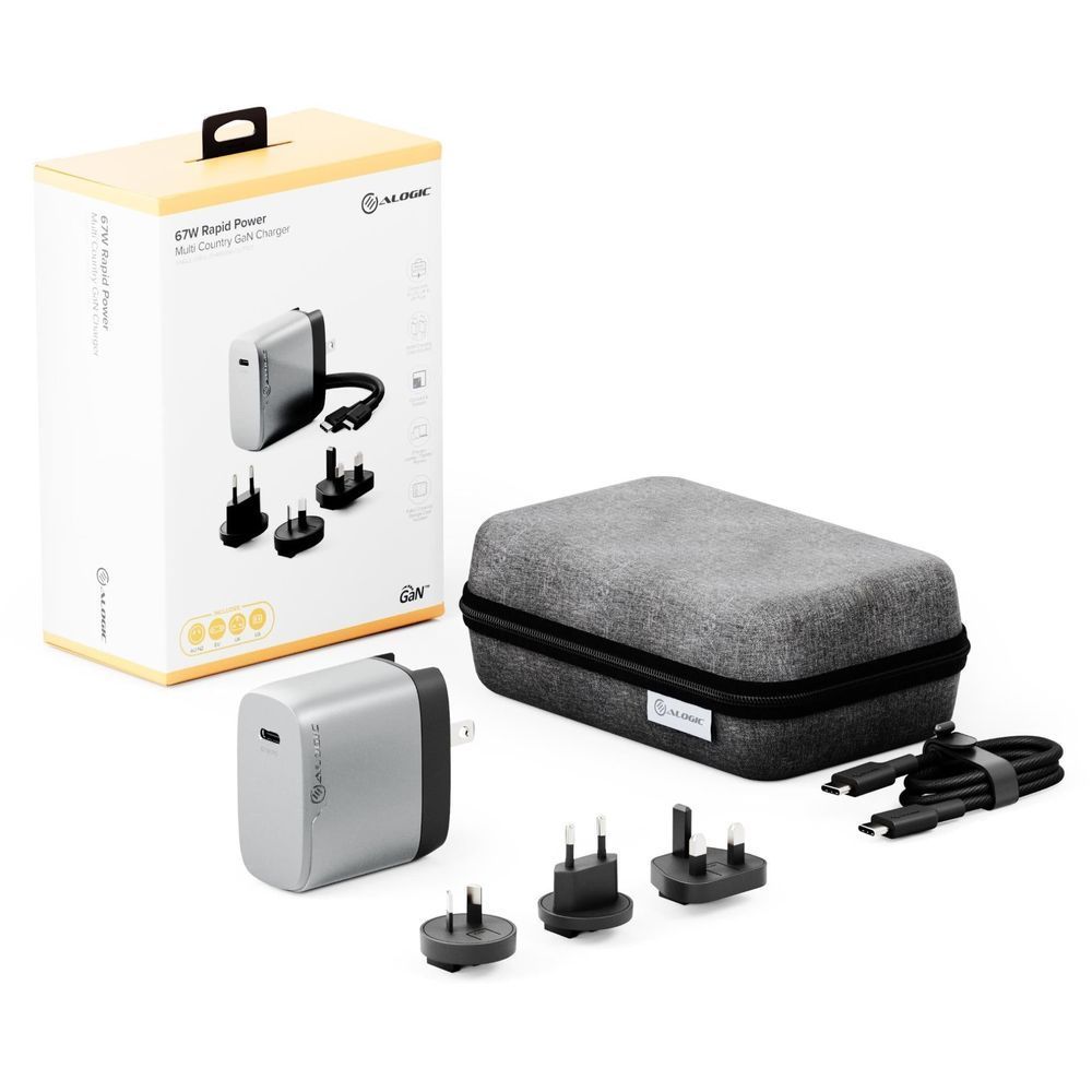 Space grey 67W PD GaN travel charger set with carry case, cables, and plugs