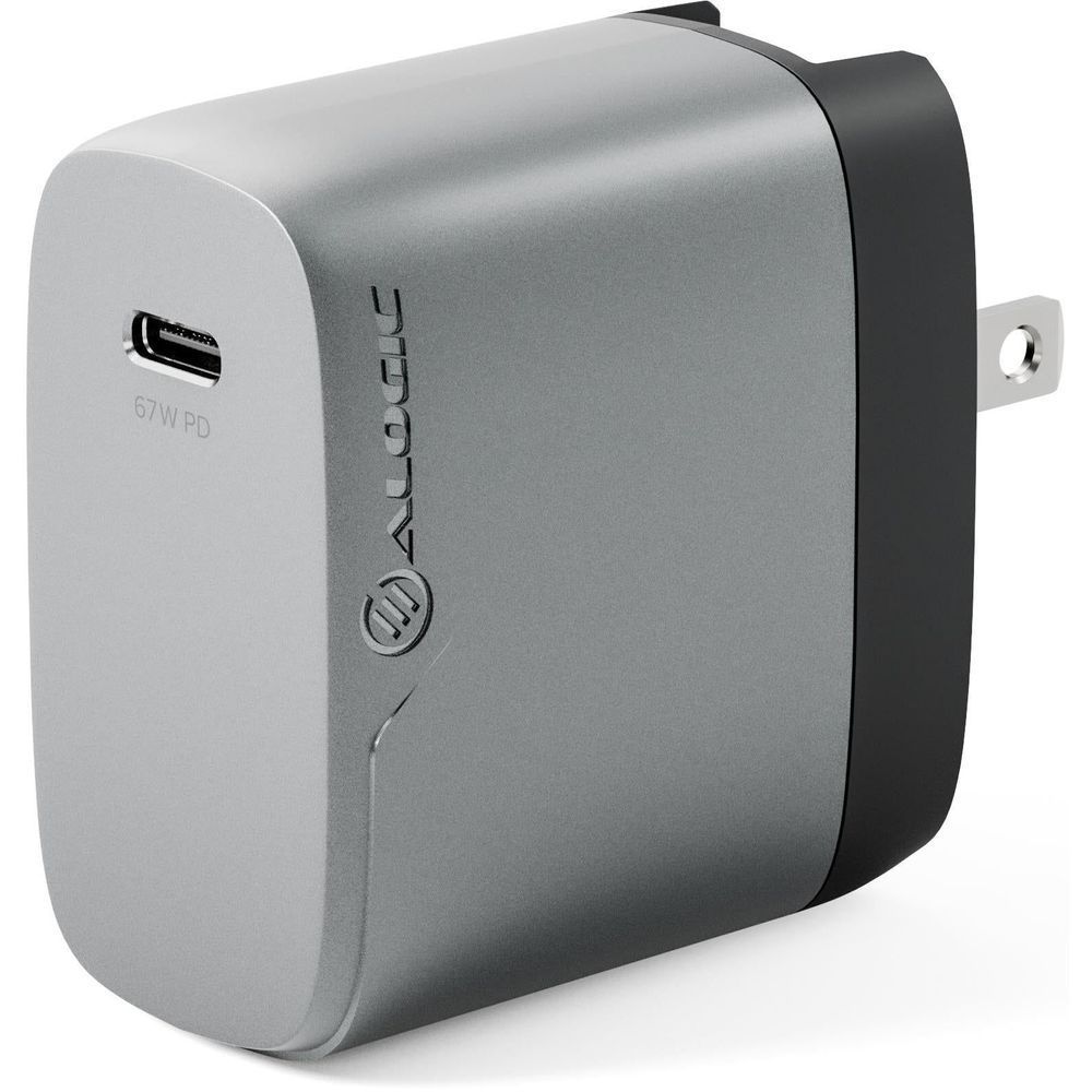 Space grey 67W PD GaN travel charger angled view with charging port