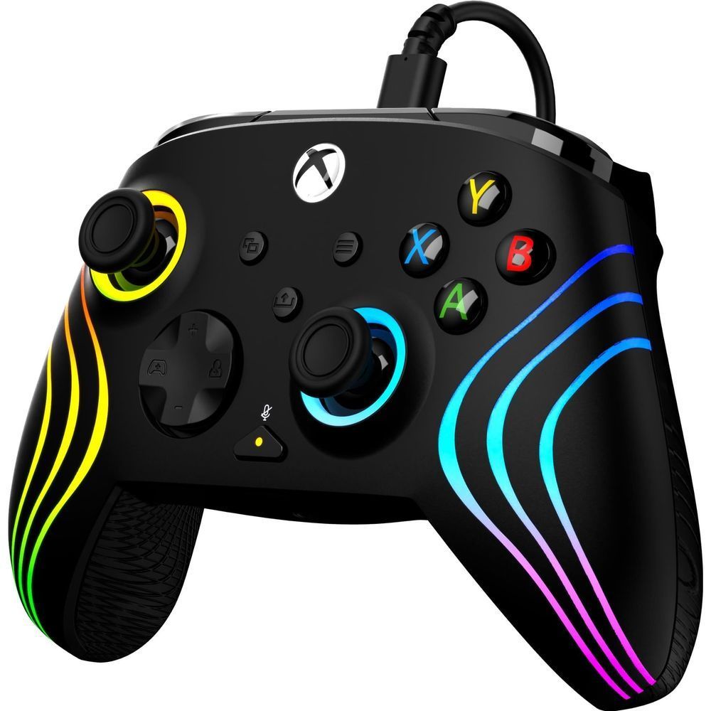 Black wired Xbox controller with neon wave accents, ABXY buttons, and centered blue stick