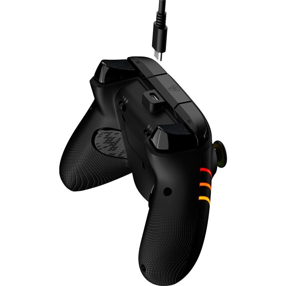 Black wired controller rear grip with textured handles and cable connection port