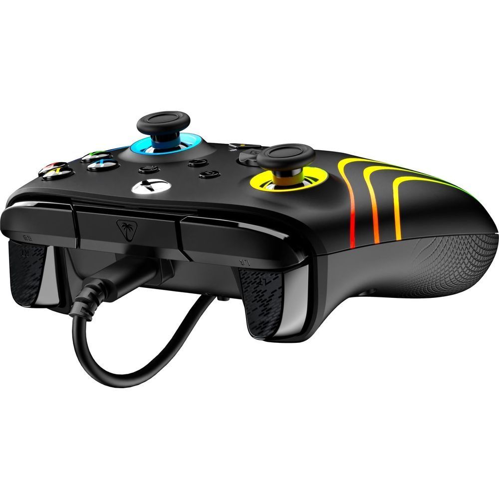 Black wired controller top view with neon-ring thumbsticks and colorful stripe detailing