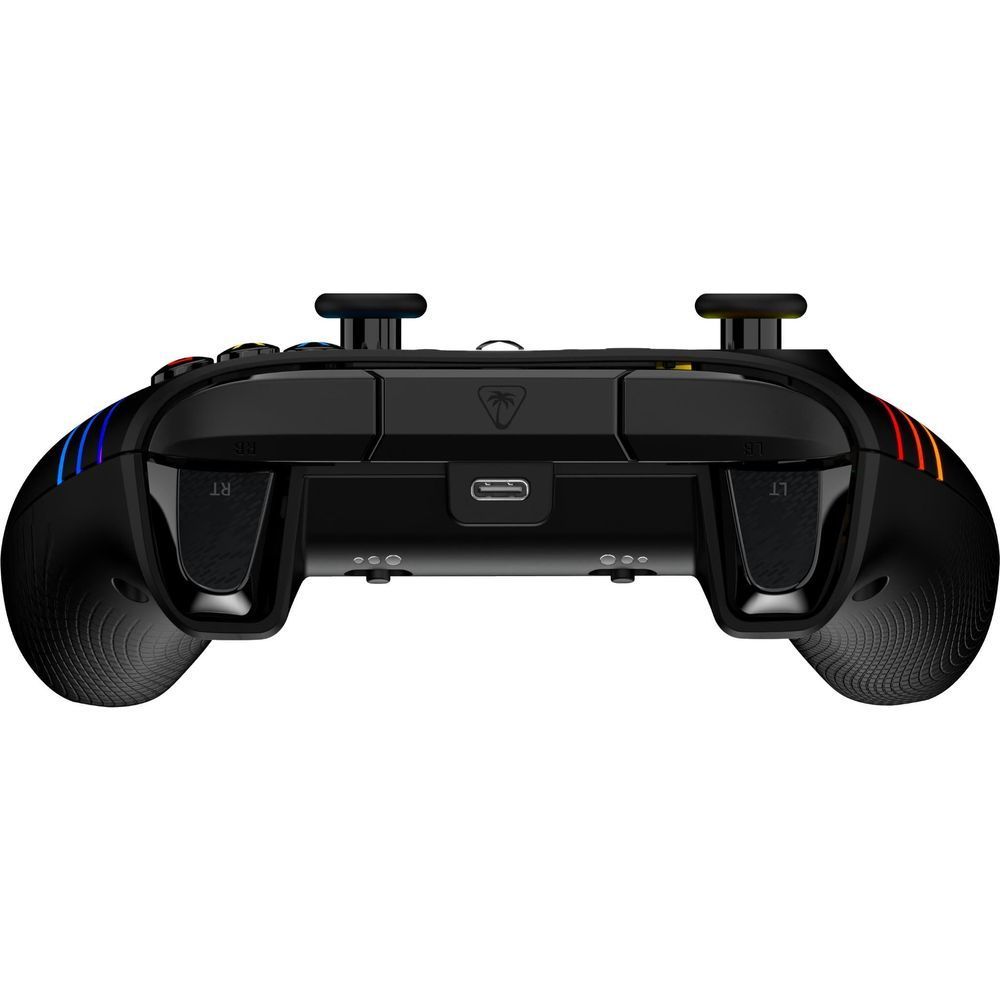 Black wired controller back view with trigger grips and centered USB-style port