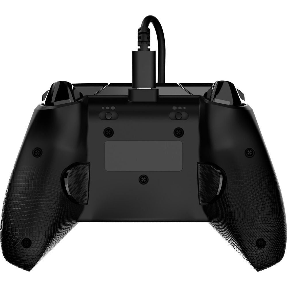 Black wired controller back with textured grips and cable connector at top