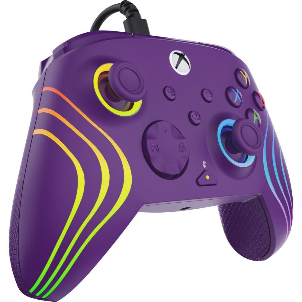 Purple wired Xbox gaming controller close-up with wave accents and thumbsticks
