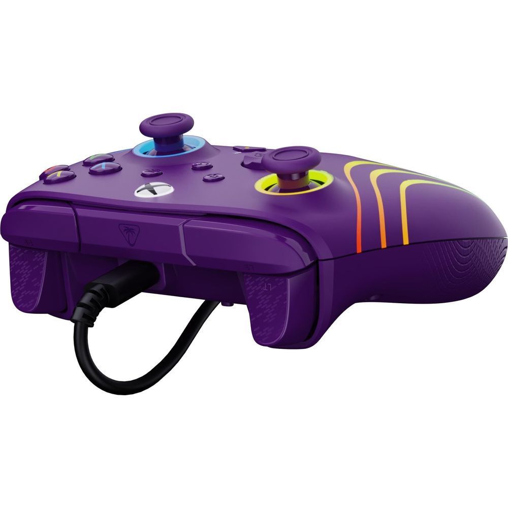 Purple wired Xbox gaming controller side/back view with textured grips and wave patterns