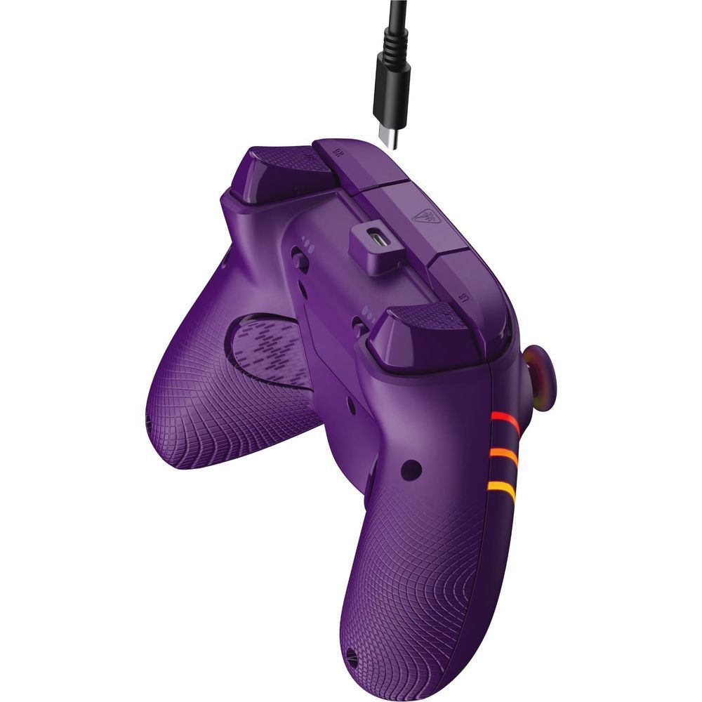 Purple wired Xbox gaming controller angled view showing cable connection and textured grips