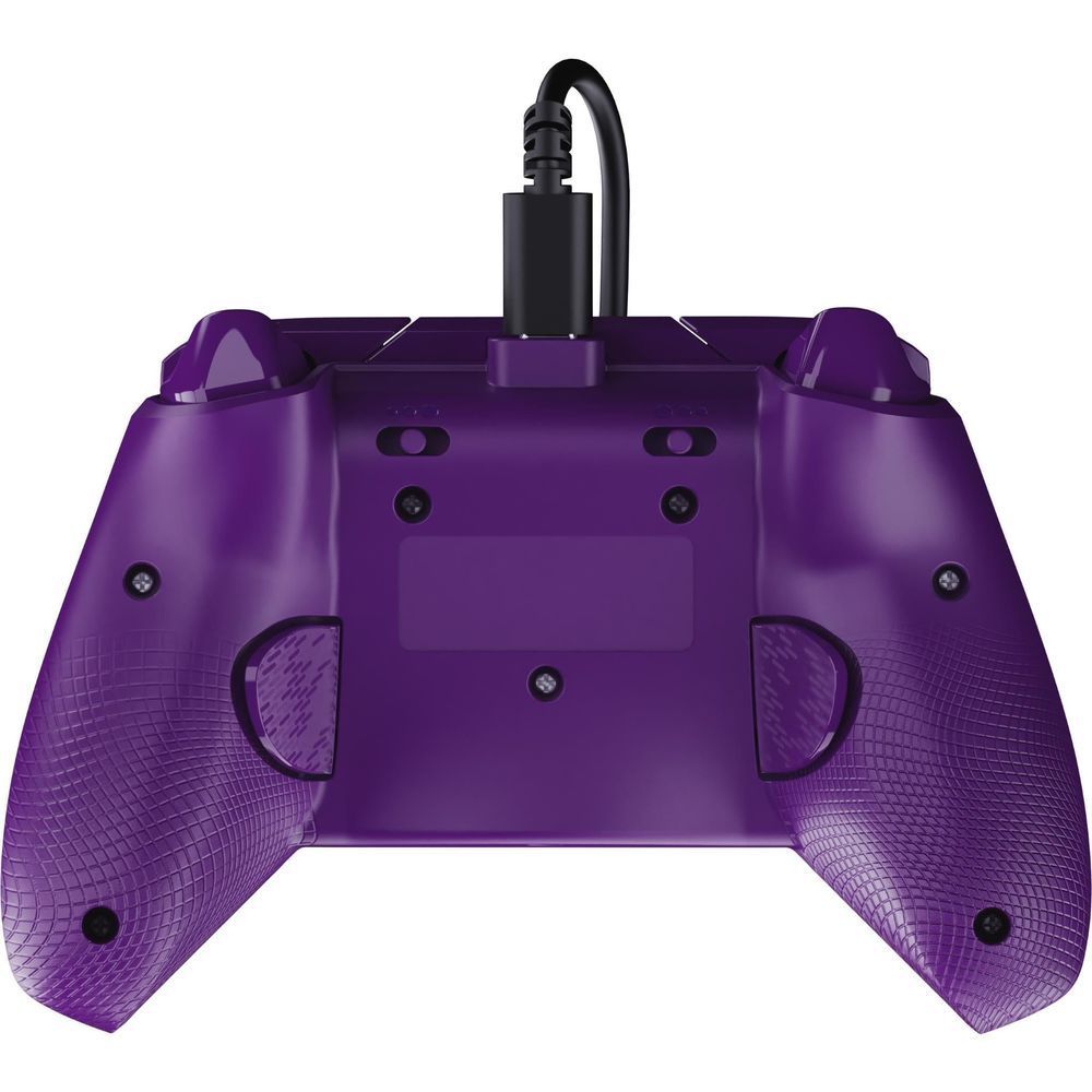 Purple wired Xbox gaming controller back view with dual triggers and cable port