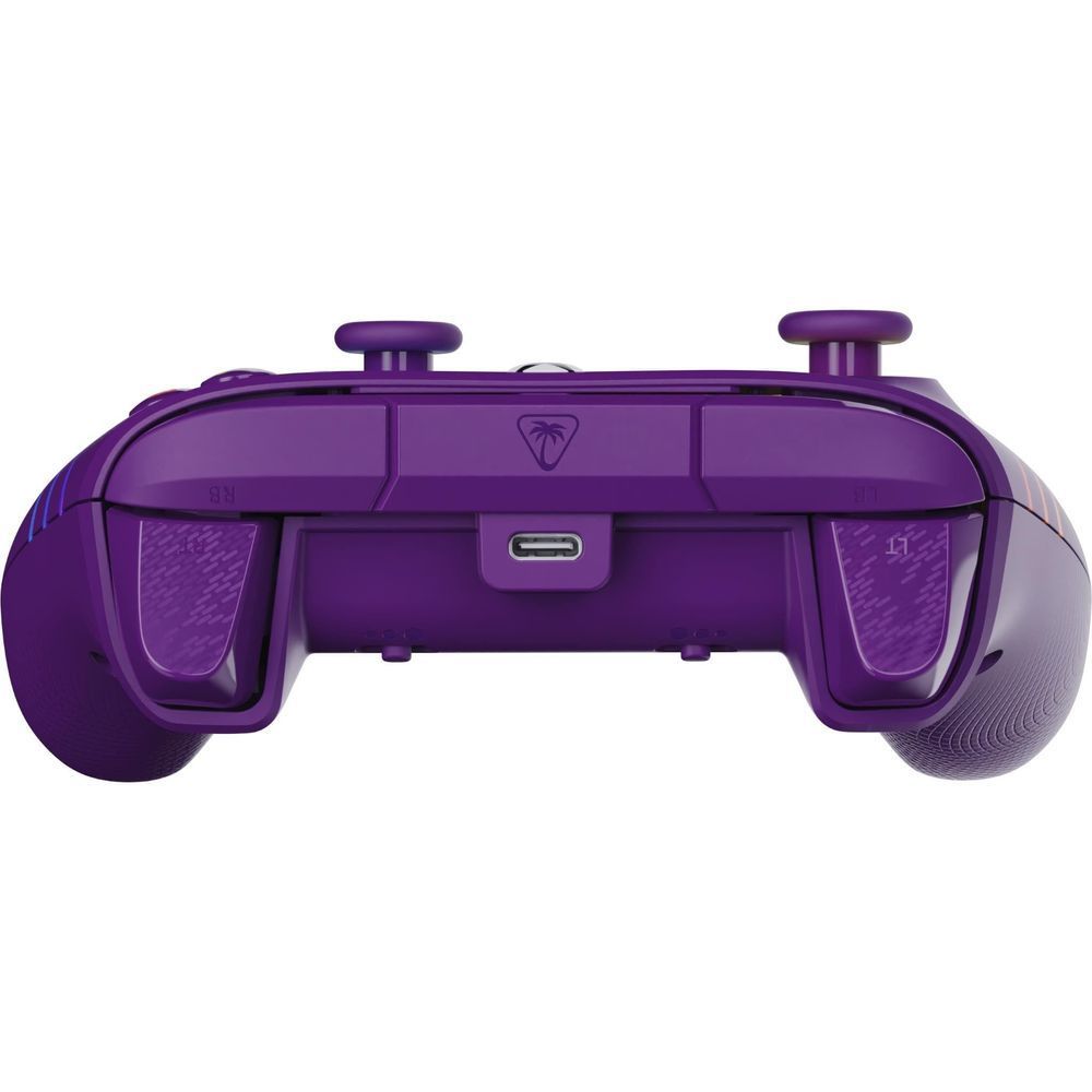 Purple wired Xbox gaming controller rear view with two back paddles and grip textures