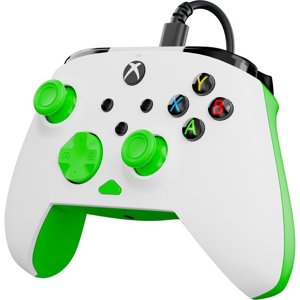 White wired Xbox gaming controller front view with green D-pad and thumbsticks