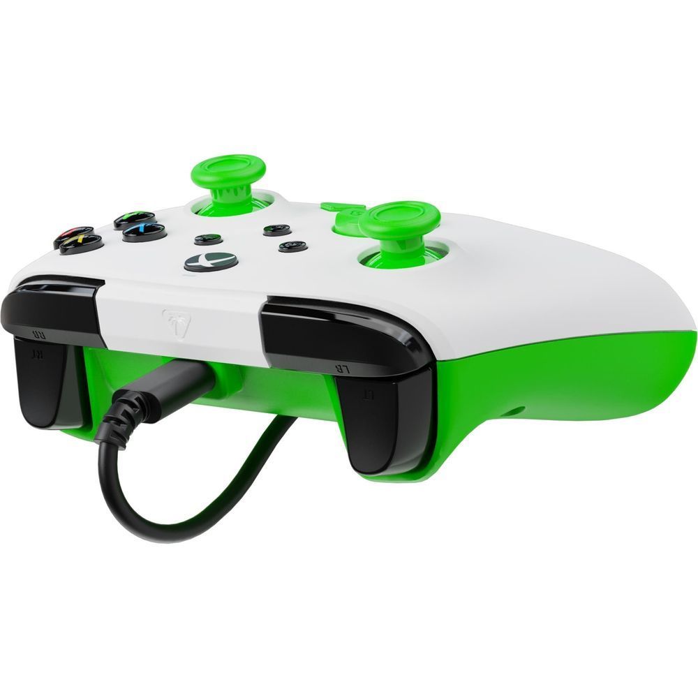 White and green wired Xbox gaming controller rear-left side with trigger buttons