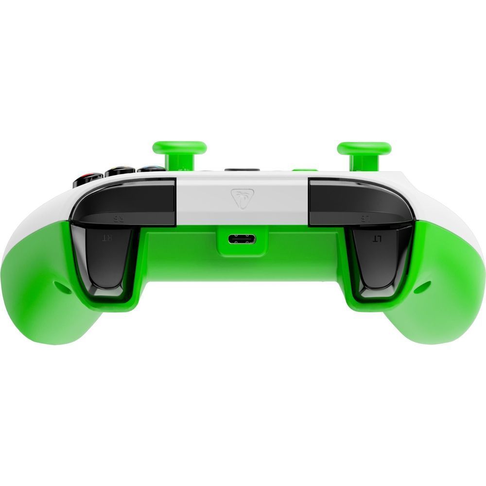 White and green wired Xbox gaming controller back view with two trigger grips