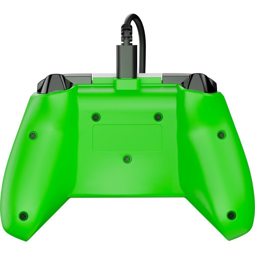 Green wired Xbox gaming controller back panel with cable port