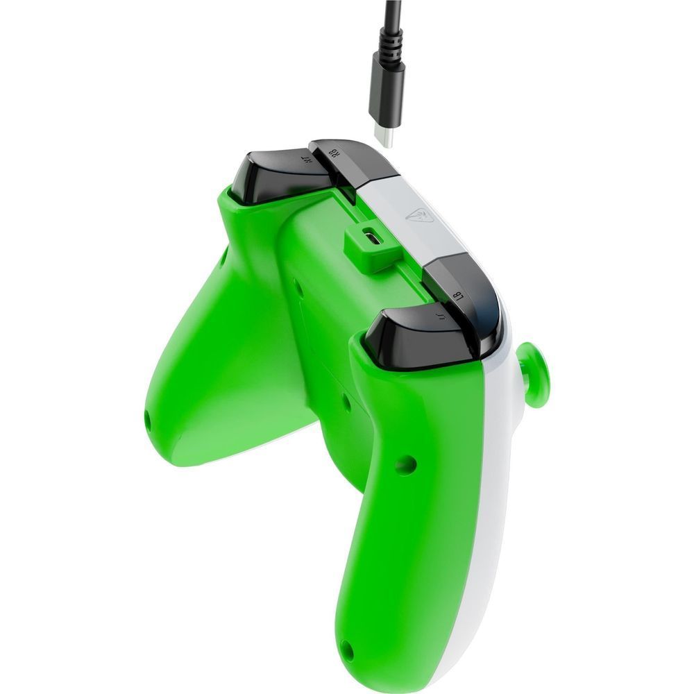 Green and white wired Xbox gaming controller angled view with side cable connector