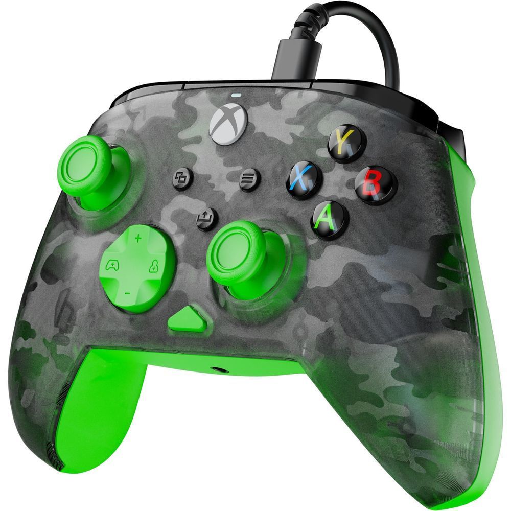 Wired Xbox controller with ghost black camo body and bright green triggers and sticks