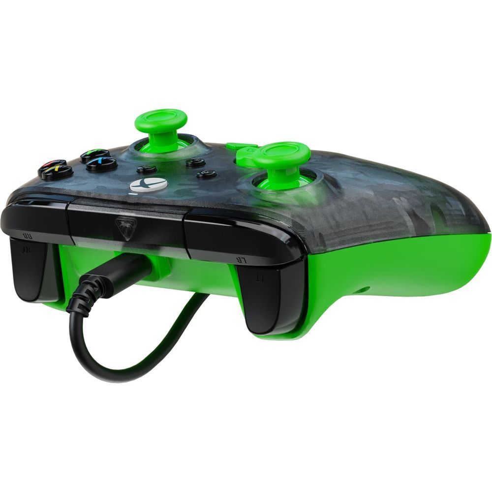 Side view of wired Xbox gaming controller with black body and green grips