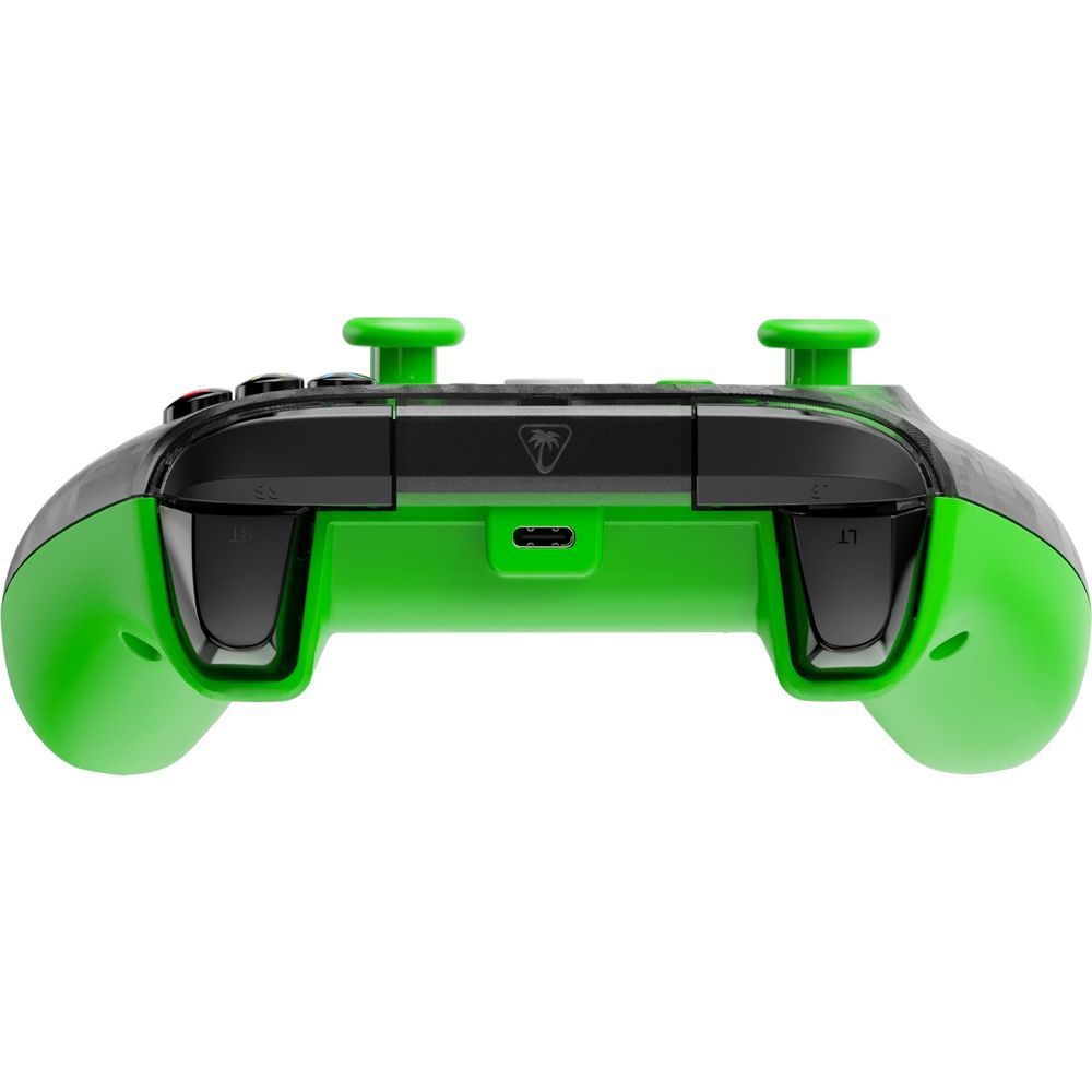Back of wired Xbox gaming controller with green grips and two shoulder triggers