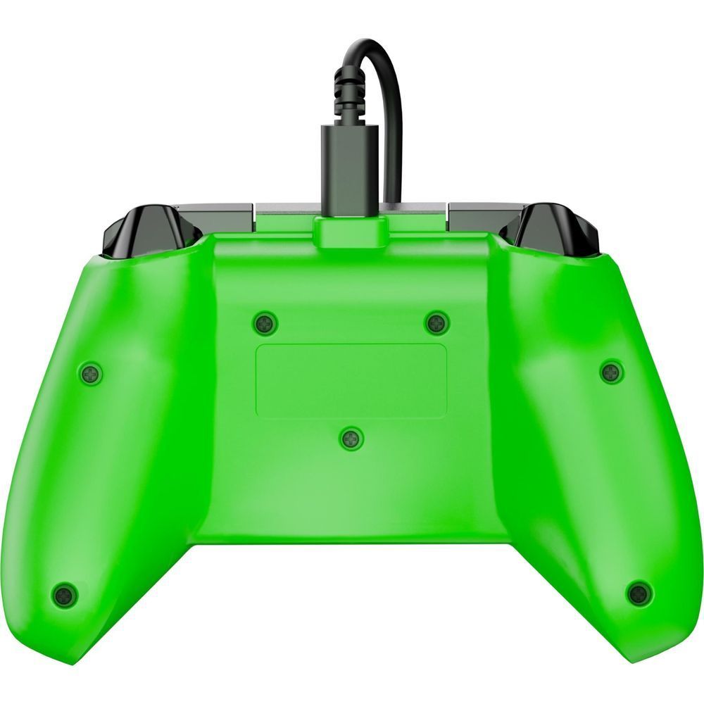 Base of wired Xbox gaming controller in bright green with charging port