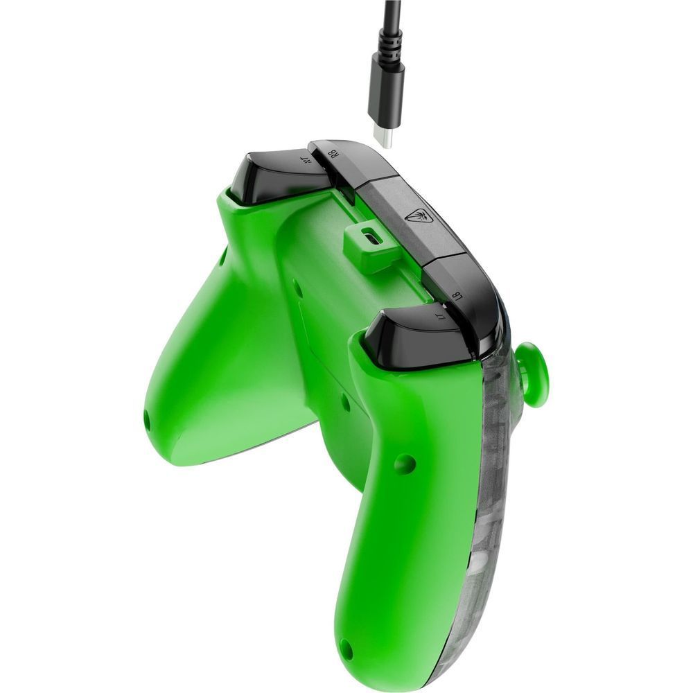 Angled view of wired Xbox controller handle, green body with black cable connector