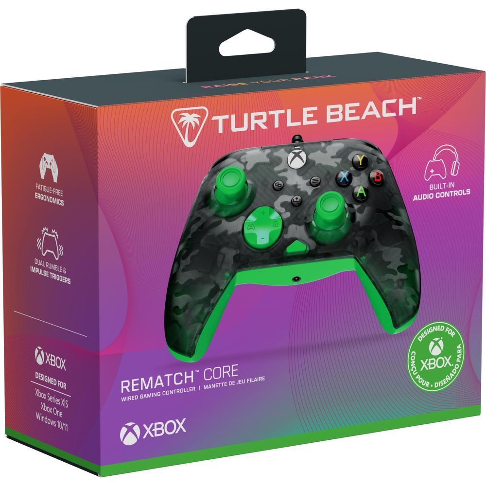 Wired Xbox gaming controller retail box, ghost black camo with green buttons