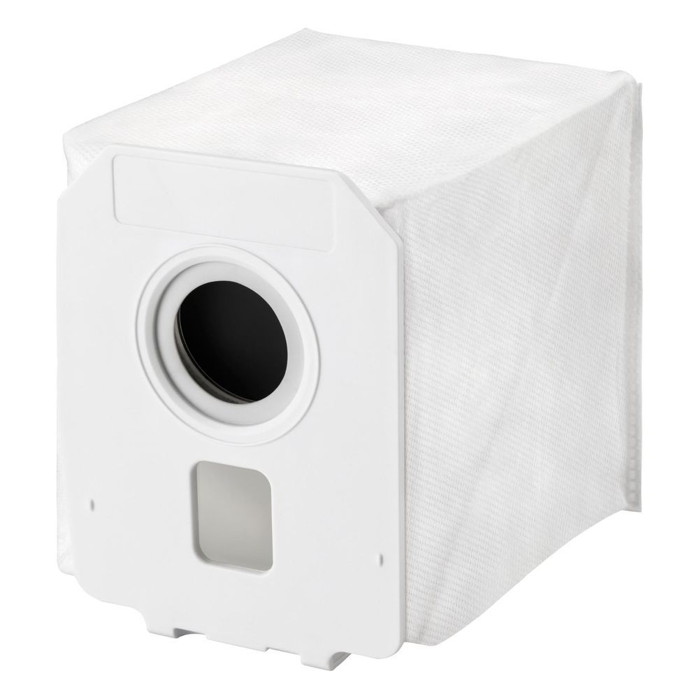 White vacuum dust bag with round inlet and rectangular front panel