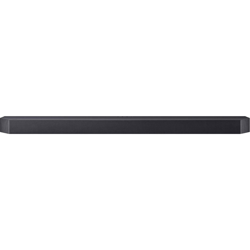 Black soundbar bar, front edge view with slim profile