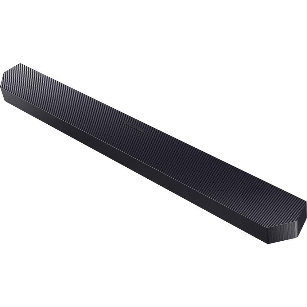 Black soundbar bar with ribbed side panel texture