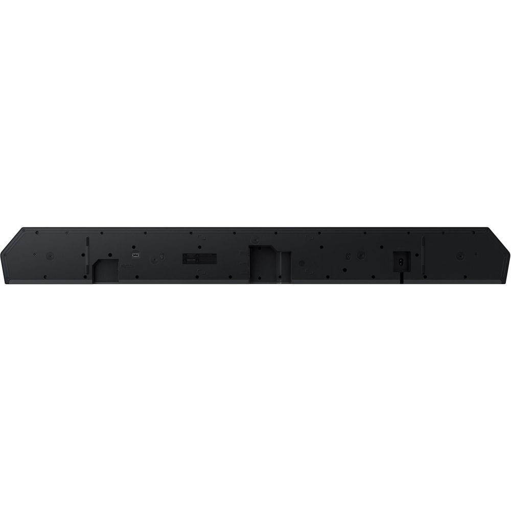 Black soundbar back panel with connection ports and mounting points