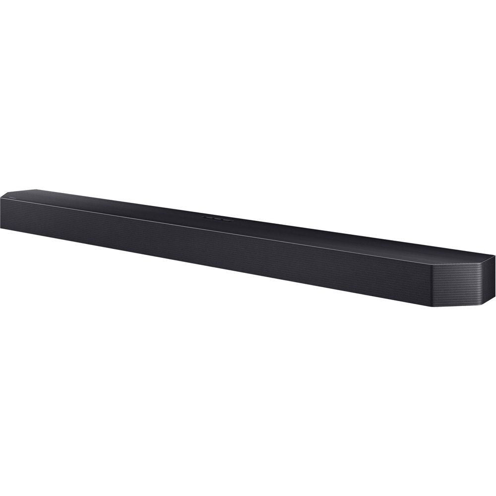 Black soundbar bar angled view with smooth front fascia
