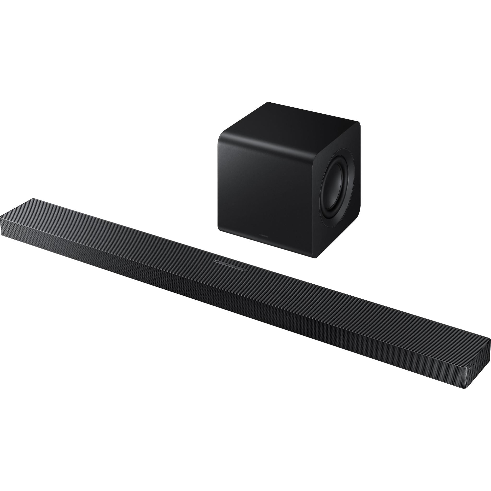 Soundbar with perforated speaker grille, dark matte finish