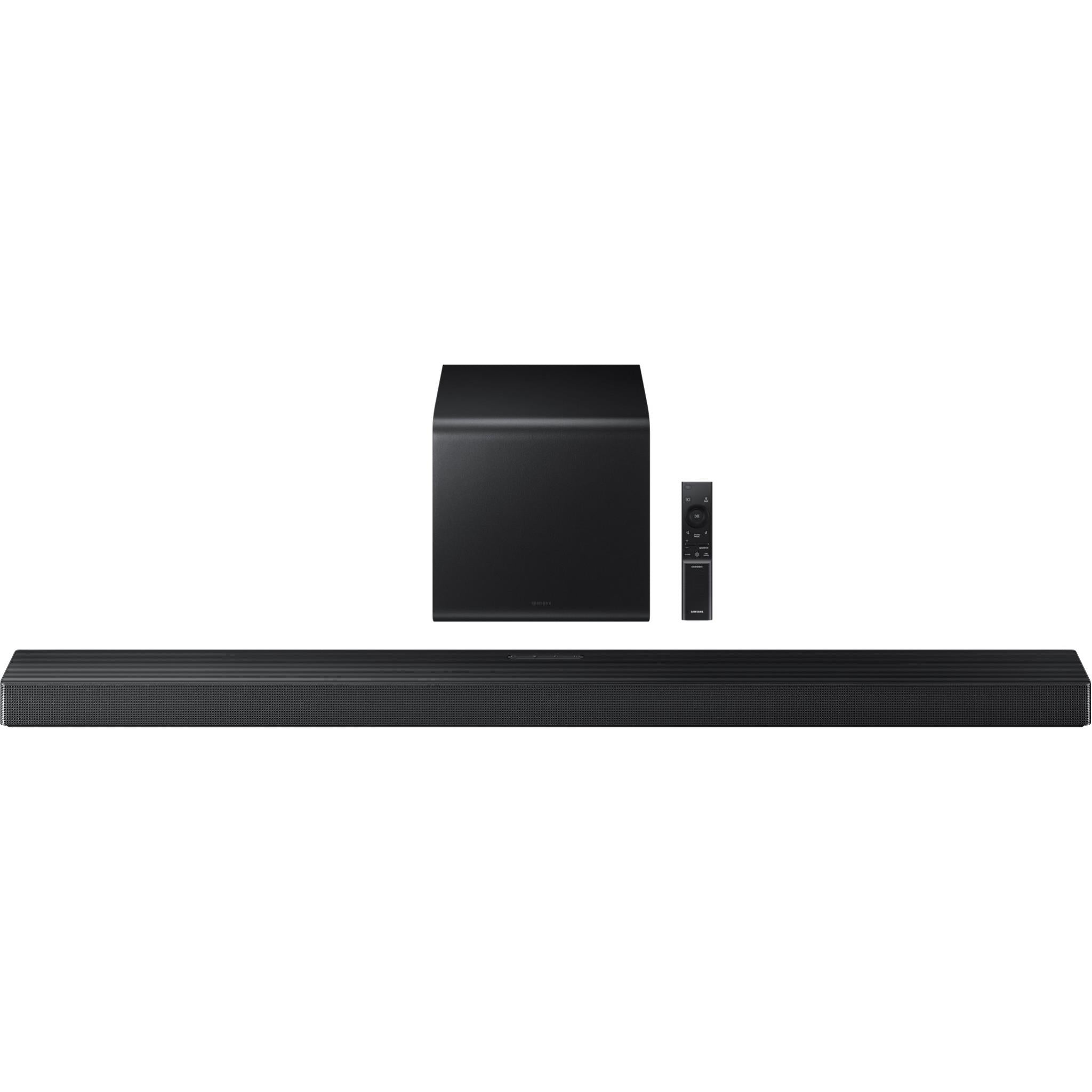 Soundbar base with dark end caps, plus small control remote at right