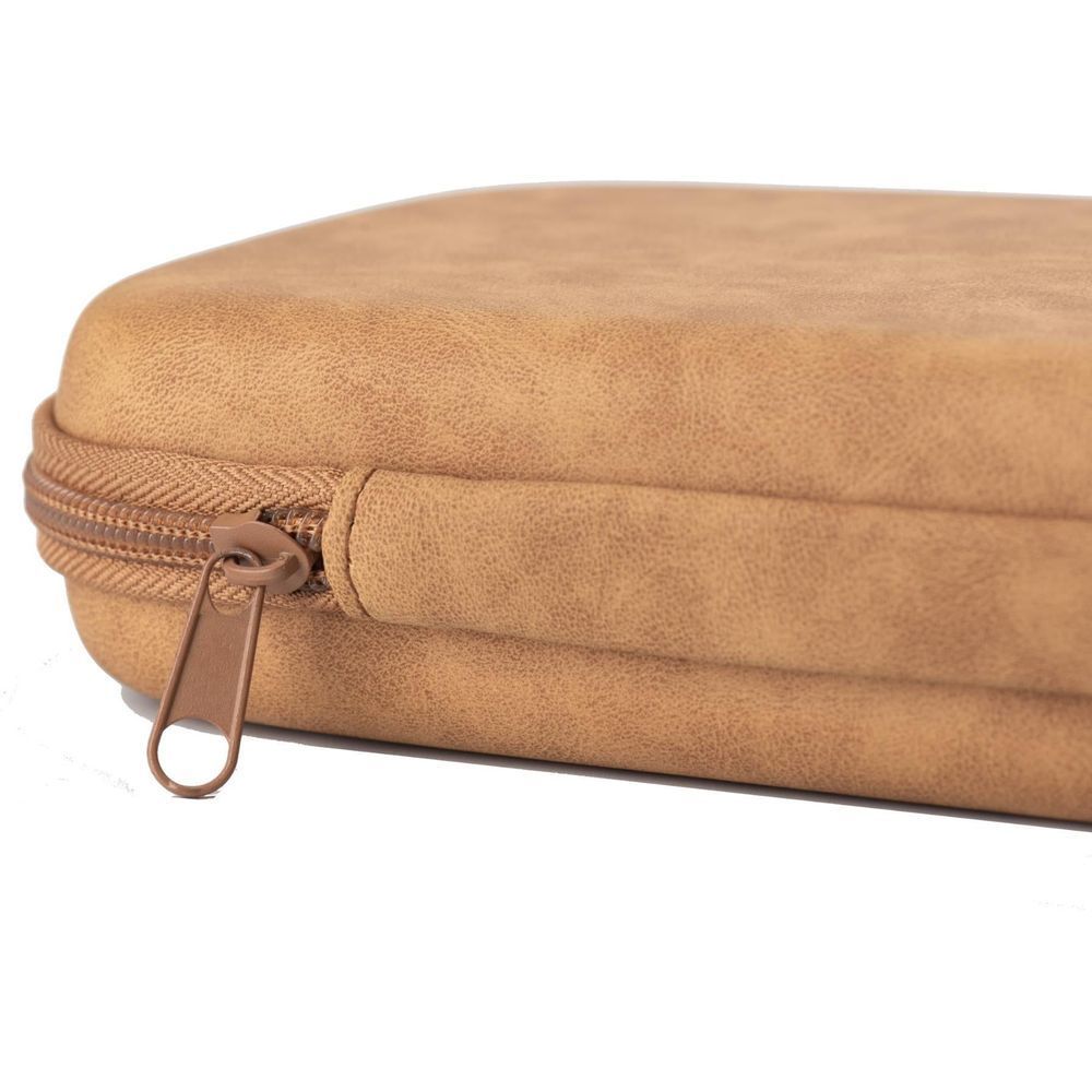 Brown case close-up of zipper pull and braided zipper trim