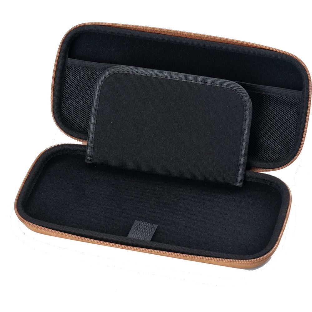 Brown zip case open with black foam-like insert and accessory slots