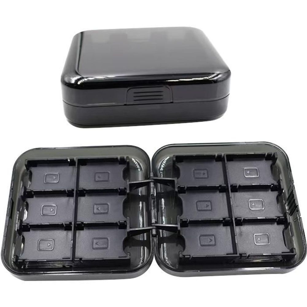 Dark game card case with two inserts showing multiple cartridge slots
