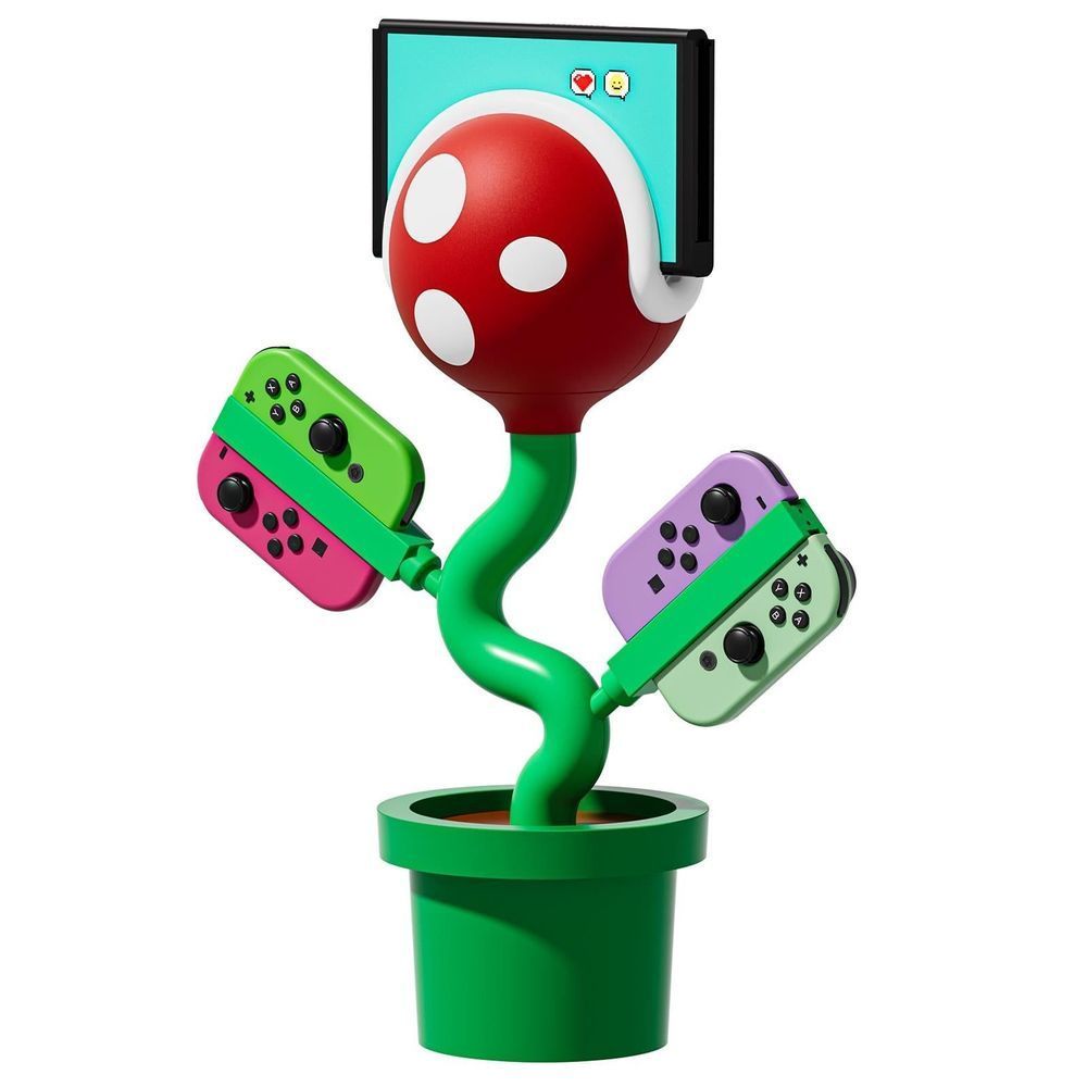 Piranha plant Joy-Con charging dock with green pot and two Joy-Cons on sides