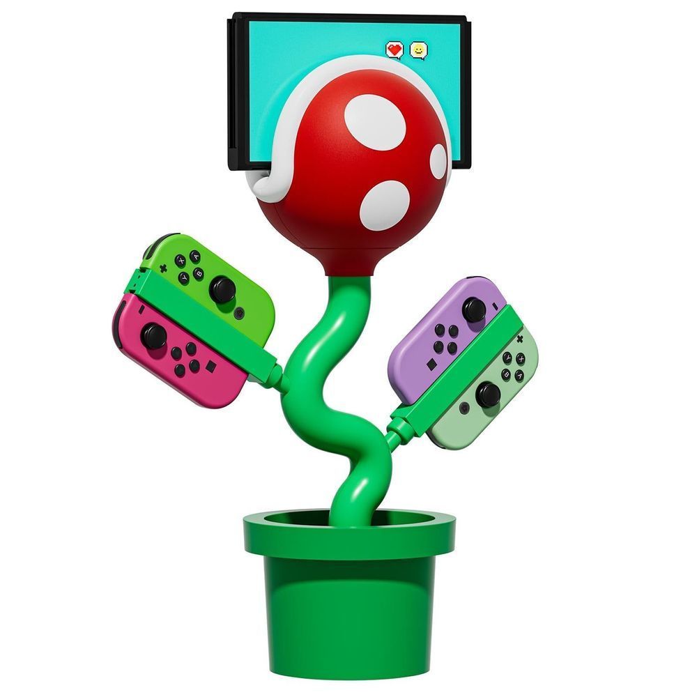 Piranha plant Joy-Con charging dock with red head, green pot, and two Joy-Cons