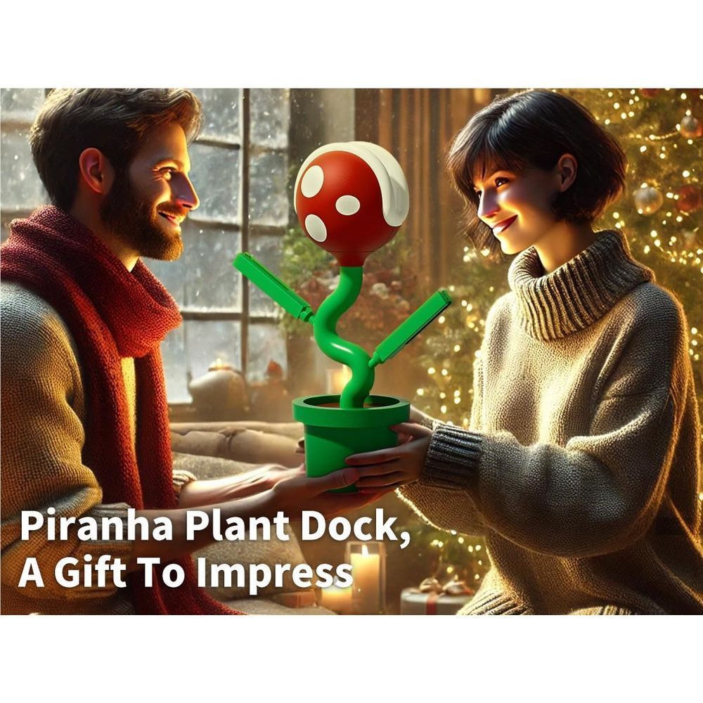 Piranha plant docking station with red spotted head in green pot and two Joy-Cons