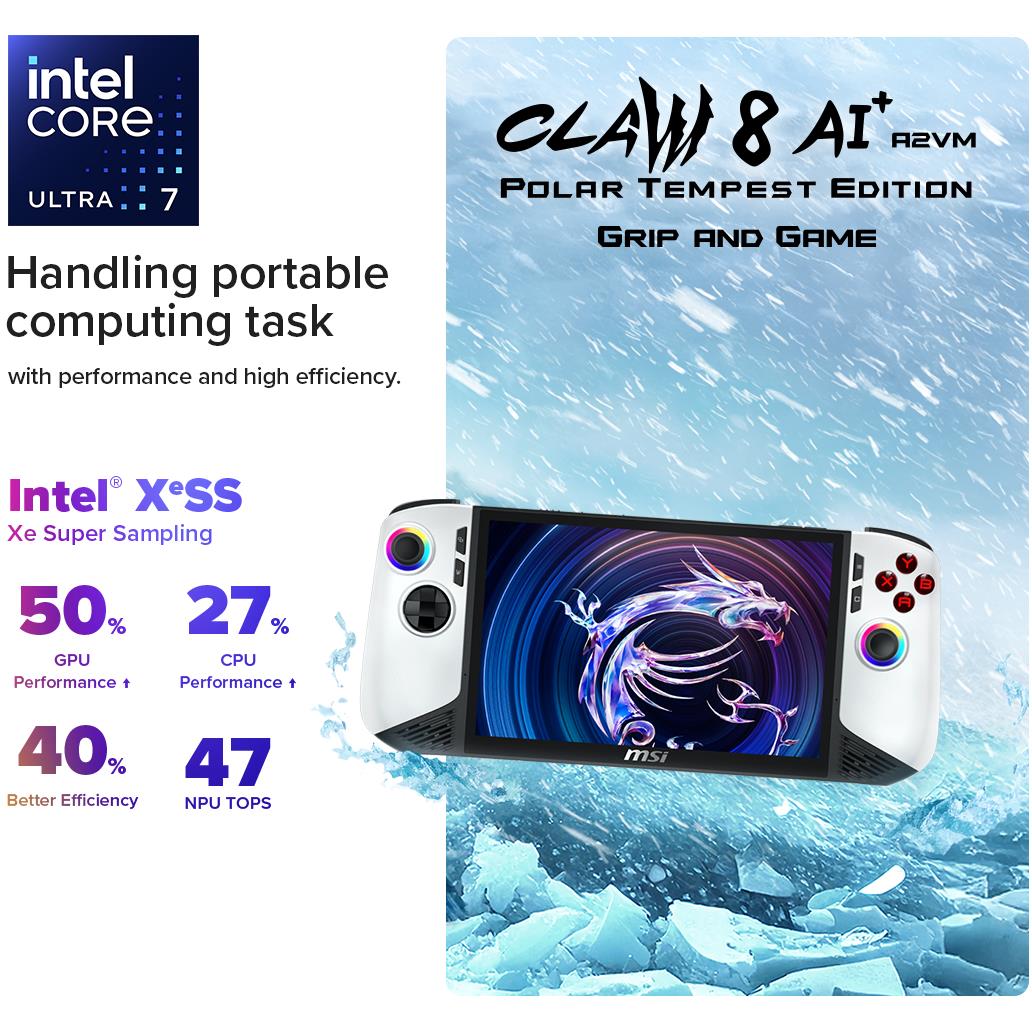 MSI Claw 8 AI+ 8" FHD Touchscreen 120Hz Gaming Handheld - Core Ultra 7 (1TB SSD) - Polar Tempest