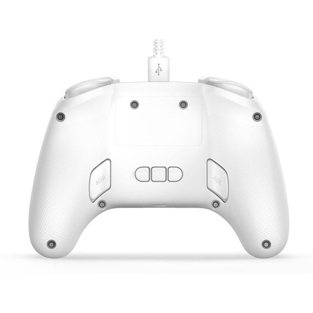White wired game controller back view with grips, holes, and cable plug