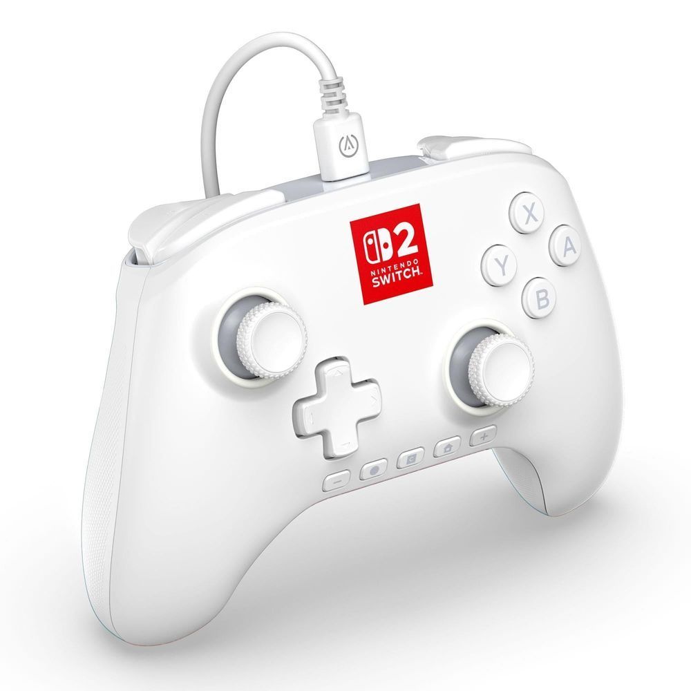 White wired game controller front view with dual thumbsticks and ABXY buttons