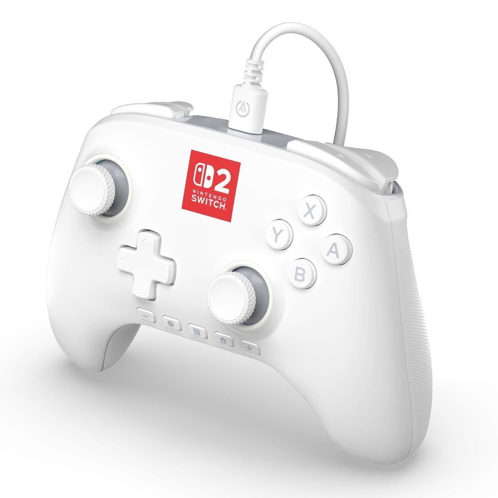 White wired game controller angled view with ABXY buttons and thumbsticks