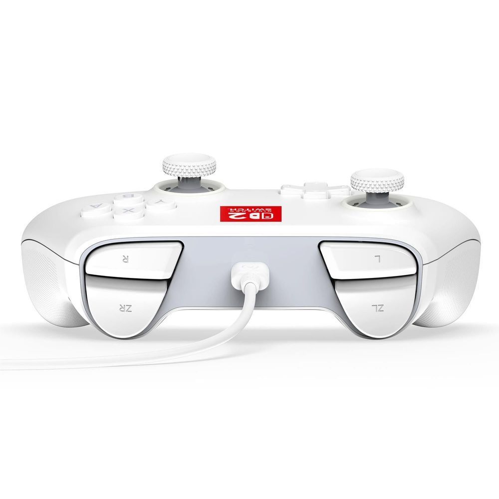 White wired game controller top view with two thumbstick caps and trigger buttons