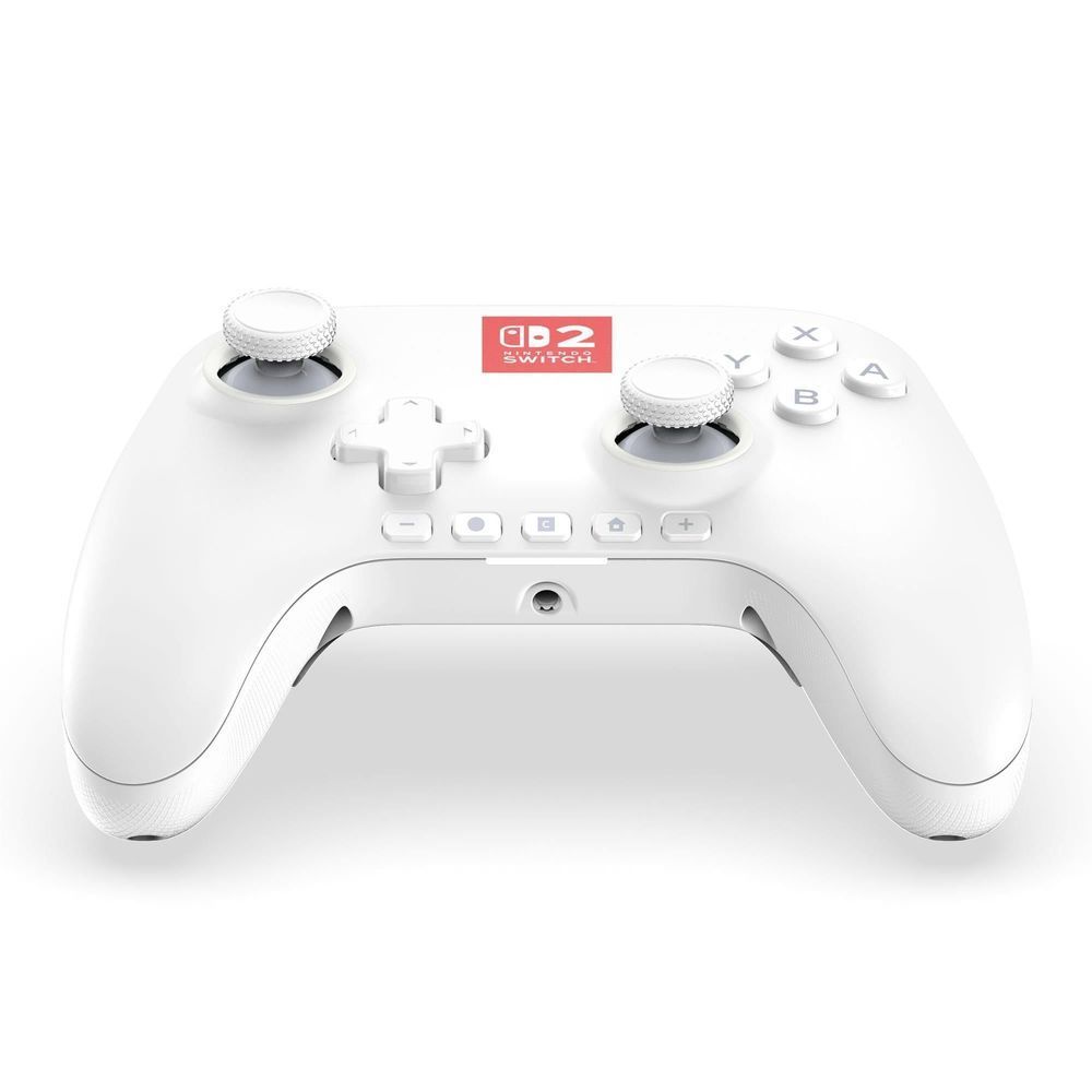 White wired game controller top view with D-pad, ABXY buttons, and thumbstick caps