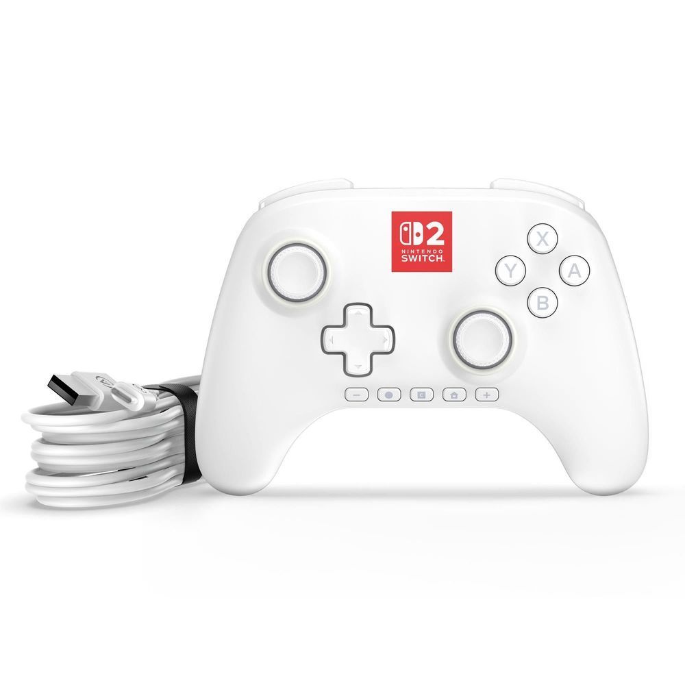 White wired game controller front with ABXY buttons, analogue sticks, and cable