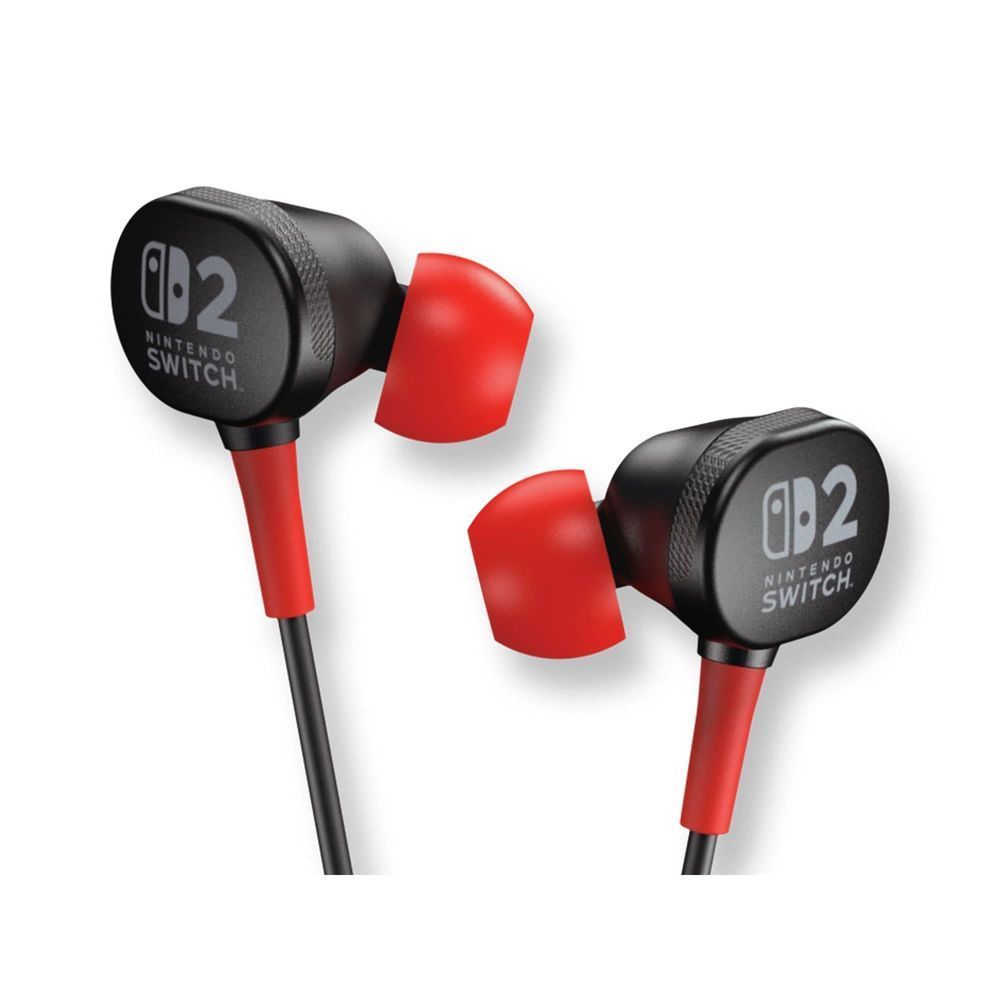Pair of black wired earbuds with red tips and Nintendo Switch 2 logo, separate view