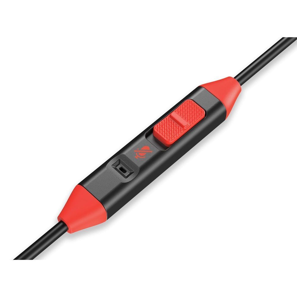 Inline headphone control on black cable with red button and audio switch symbol