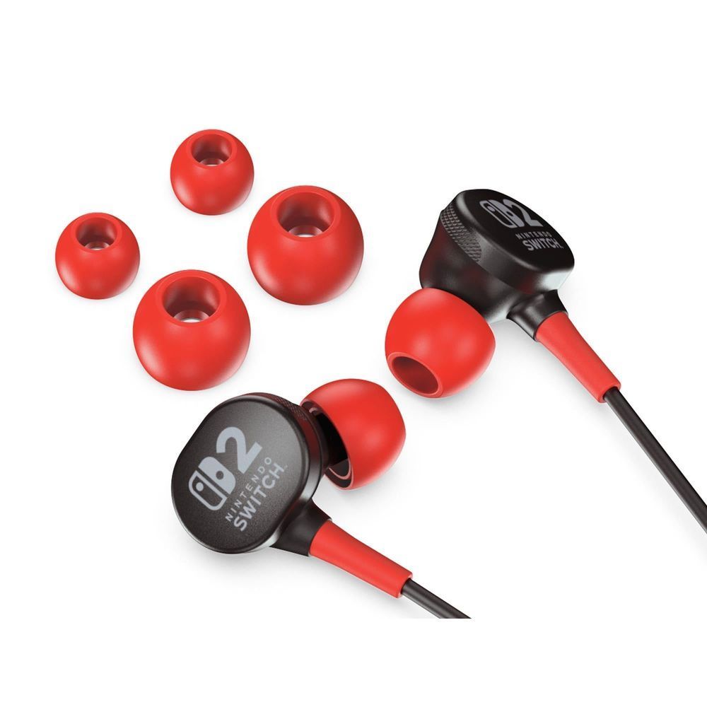 Black wired earbuds with red tips plus extra red ear cushions for a secure fit