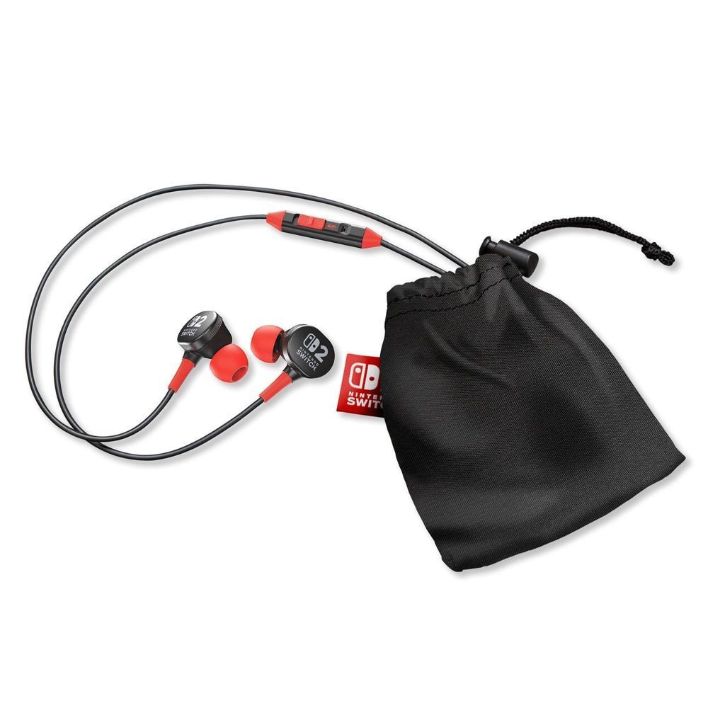 Wired earbuds with red tips and black cable, with drawstring storage pouch included